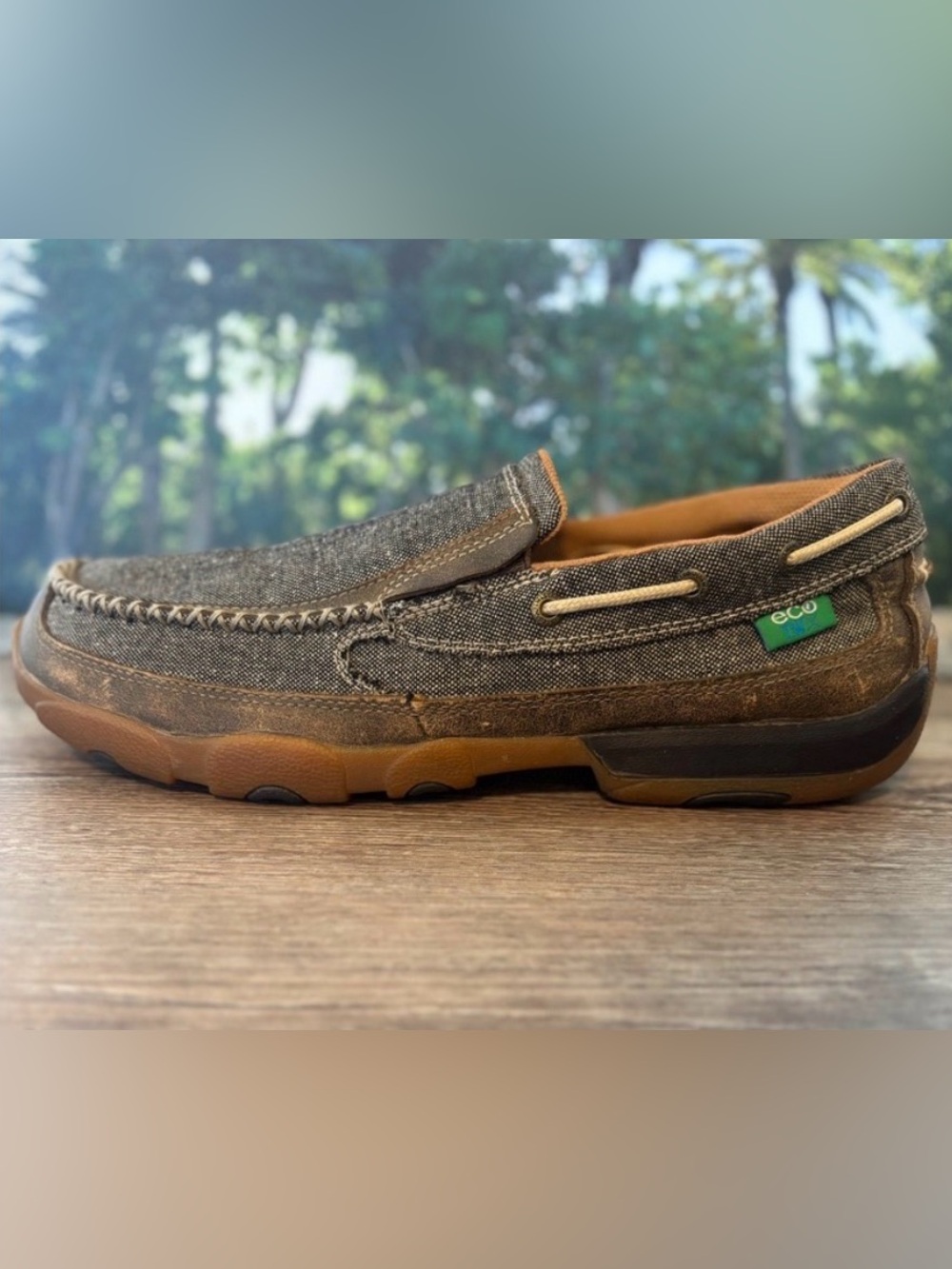 Twisted X ecoTWX Men's Driving Mocs Brown Canvas Leather Slip On‎ Shoes